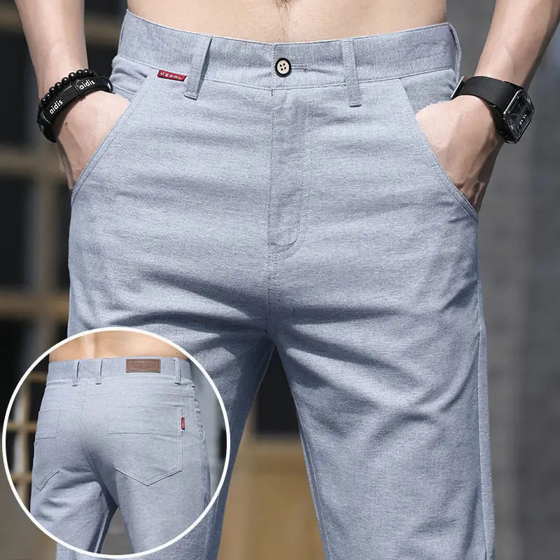 Men Thin Linen Straight Pants Streetwear Fashion Business Casual Pockets Slim