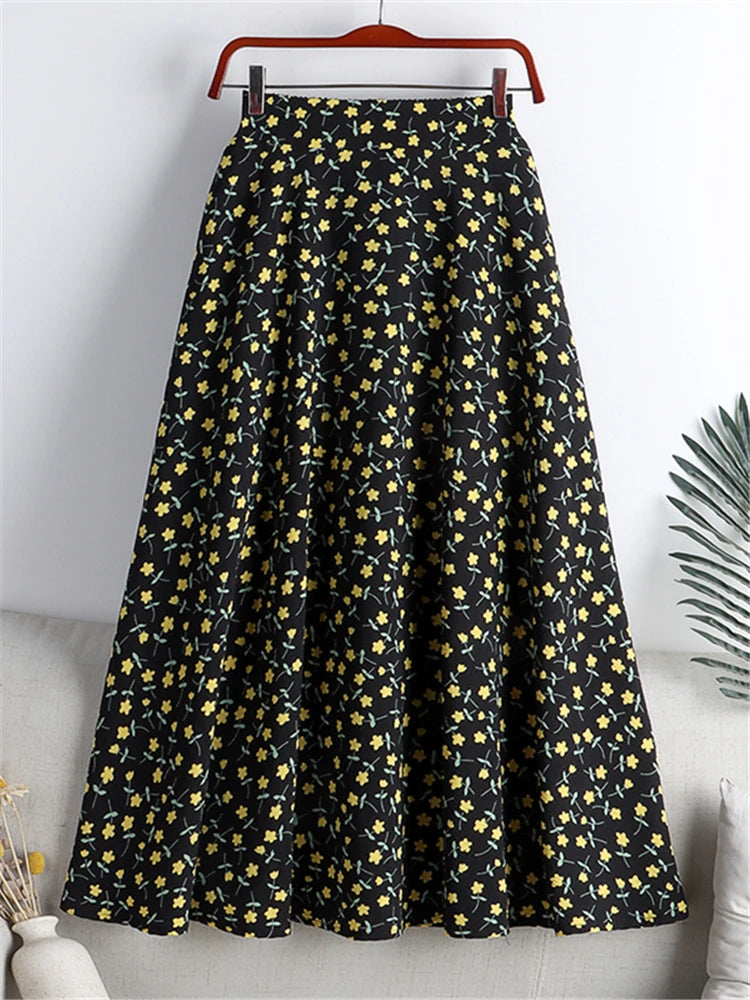 REALEFT New Stylish Floral Printed Tulle Mi-long Women Skirts