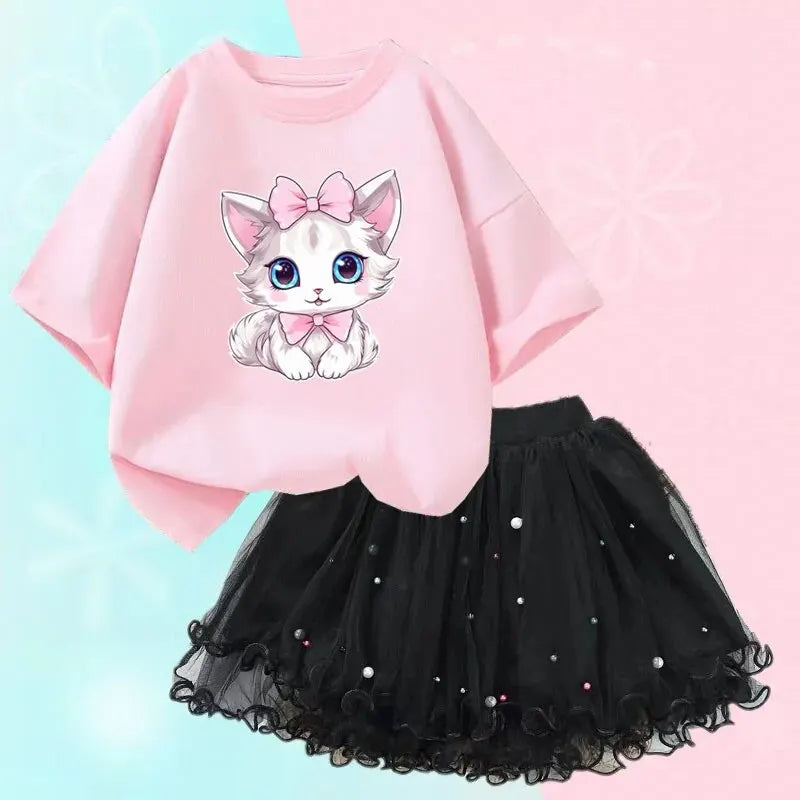 Cute Summer Girls Outfits Cartoon Cat T-shirt and Tutu Skirt 2pc/Set Girl Princess Clothes