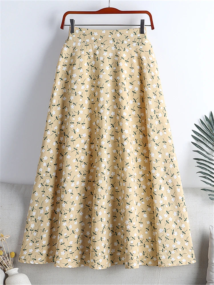 REALEFT New Stylish Floral Printed Tulle Mi-long Women Skirts