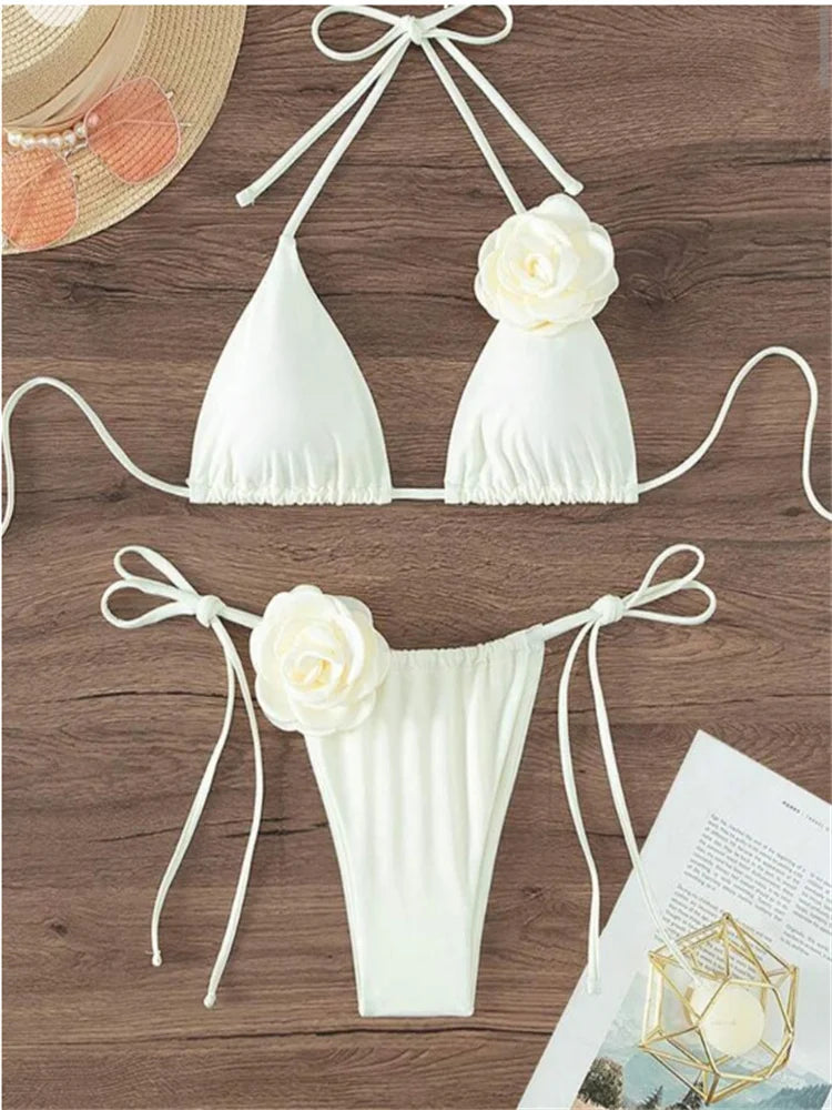 Bikini Set Women Swimsuit White 3D Floral Print