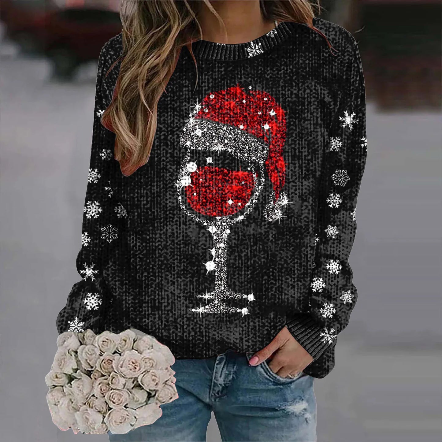 Christmas Print Red Wine Cup Sweaters Women'S Fashion