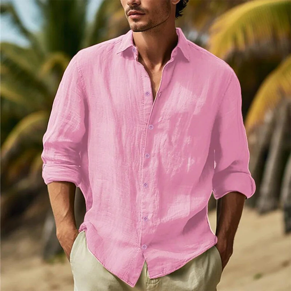 Men's Cotton Linen Shirts Turn Down Collar Solid Hawaiian Shirt