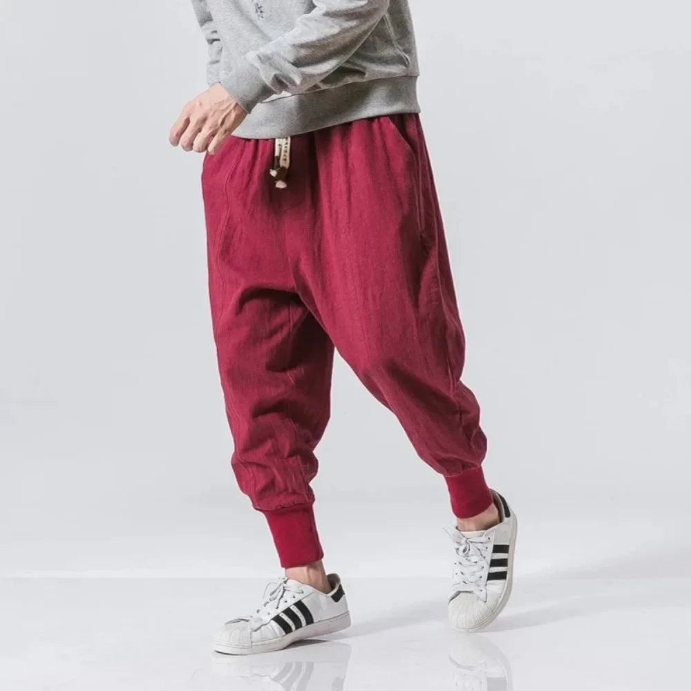 Men Harem Pants Streetwear Cotton Linen Joggers New Baggy