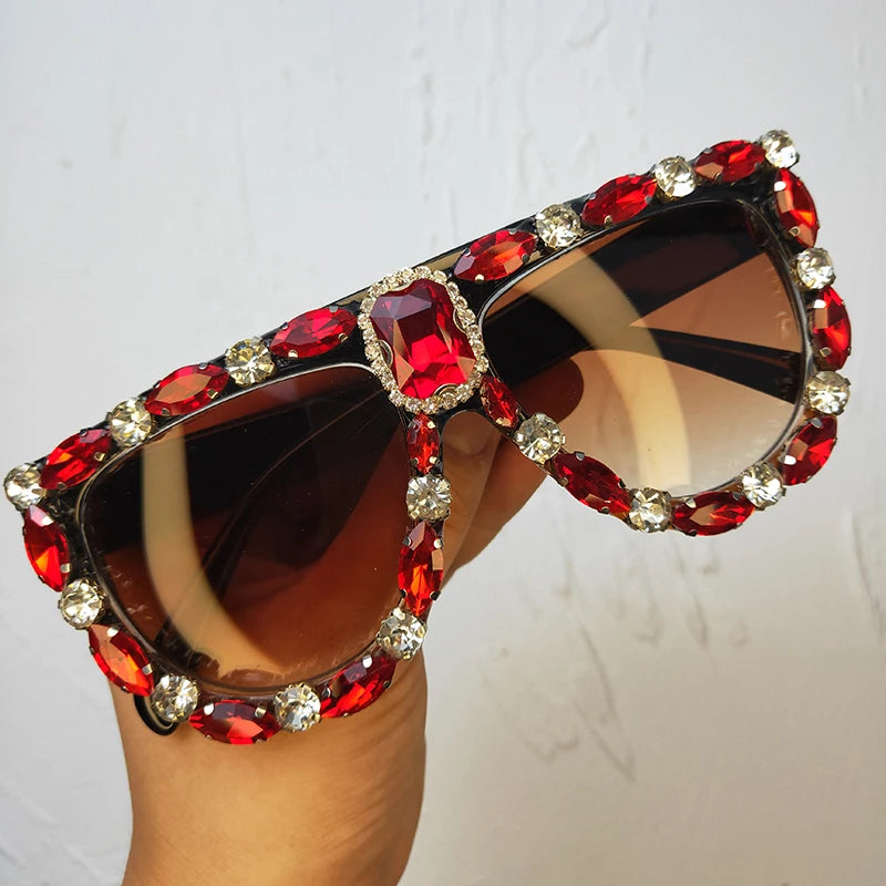 Luxury Designer Oversized Red Rhinestone Sunglasses Wome