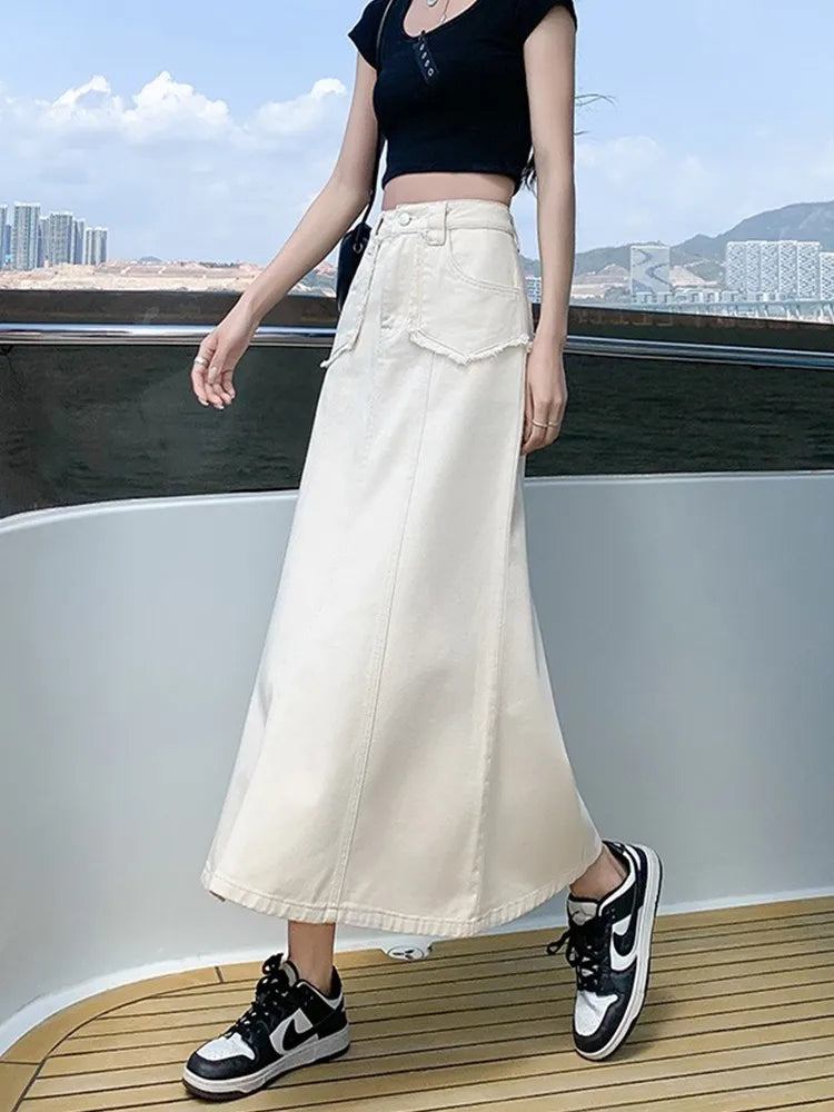 Denim Skirts Womens Summer Casual High Waisted Midi Skirt Ladies