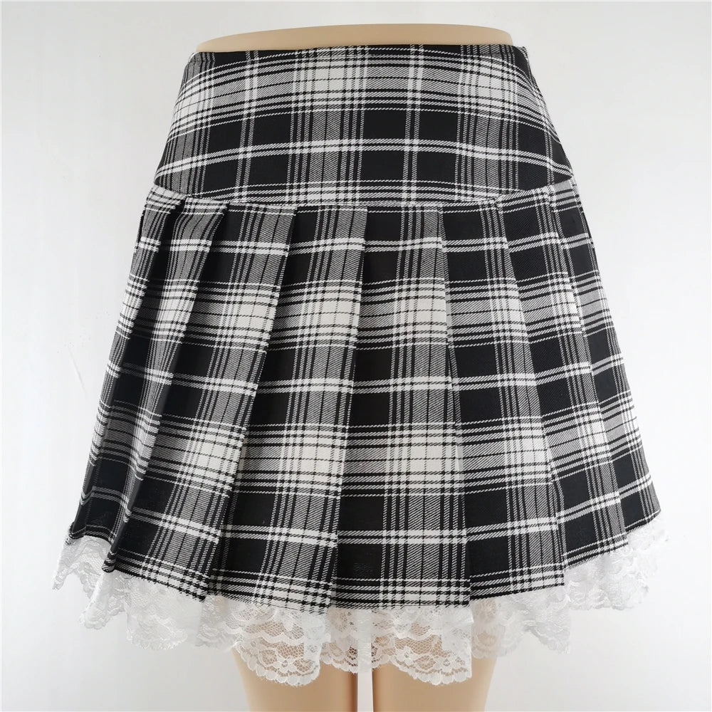 Plaid Skirts New Contrast Lace Pleated Vintage