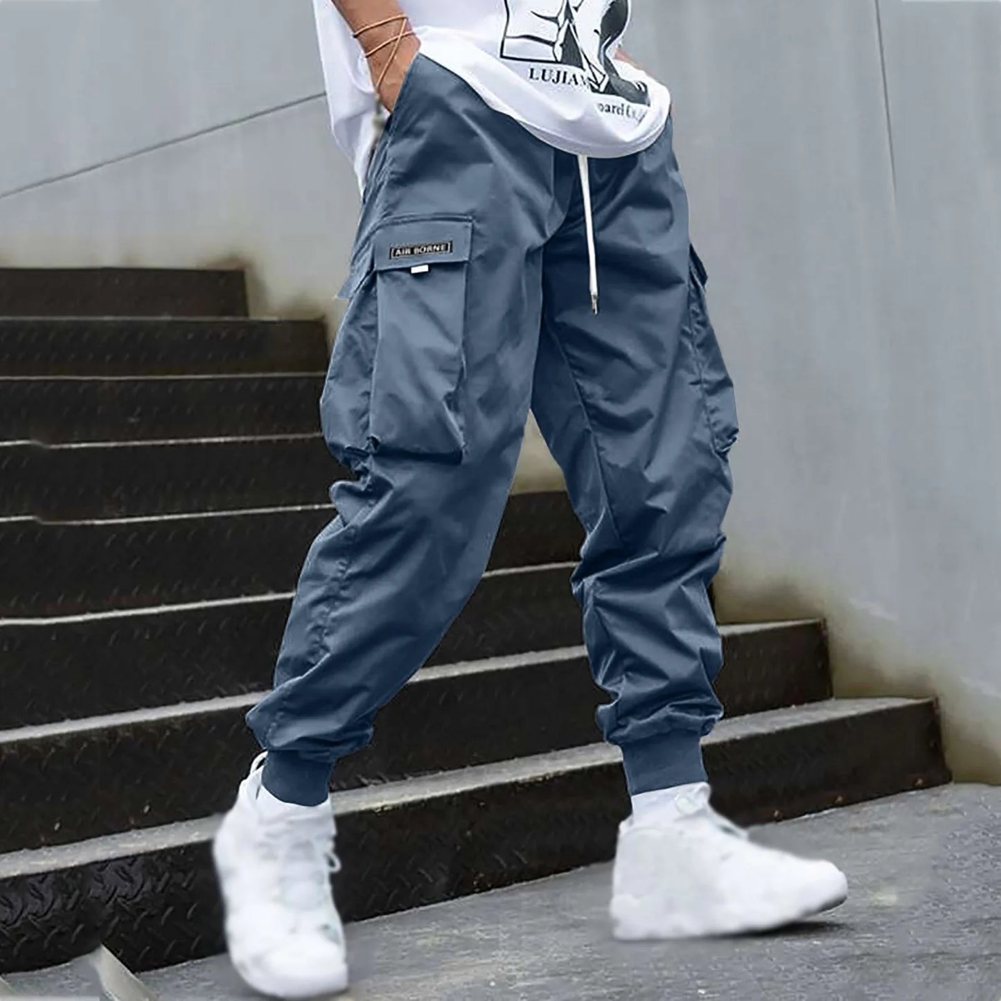 Men Cargo Pants Streetwear Elastic Waist Jogger Sweatpants