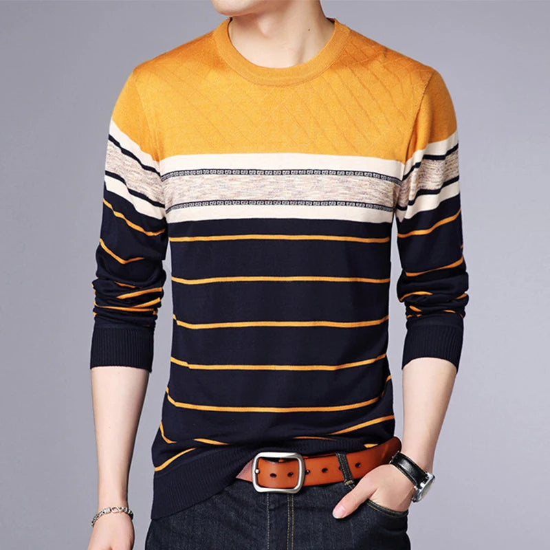 Men's Casual Striped Knit Spring and Autumn Long Sleeved Pullover Fashion