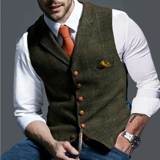 Men's Suit Vest V Neck Herringbone Tweed Slim Fit Waistcoat