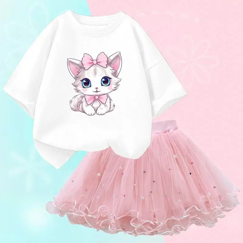 Cute Summer Girls Outfits Cartoon Cat T-shirt and Tutu Skirt 2pc/Set Girl Princess Clothes