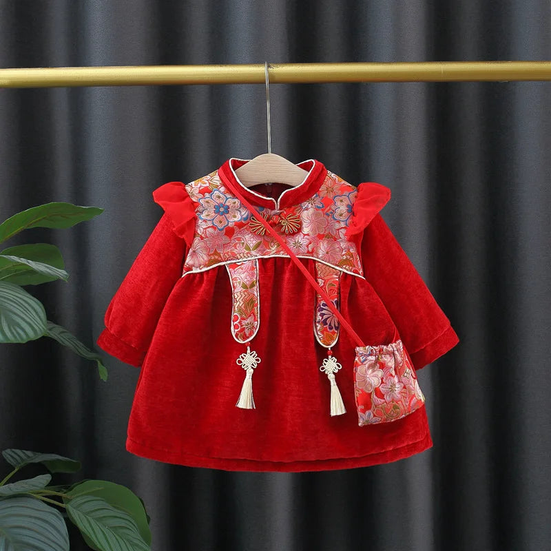 Red Long Sleeved Retro Style Baby Girl Dress, Thick Children'S Clothing