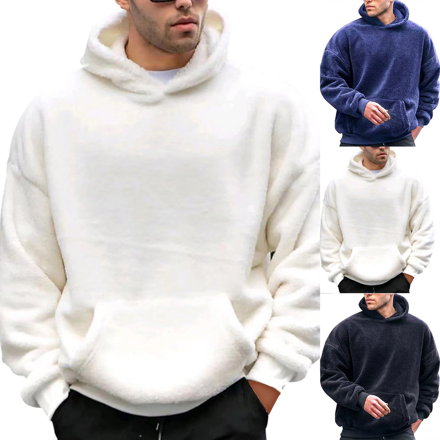 Soft Hoodie Plush Pullovers Men Winter Solid Long Sleeve Pockets