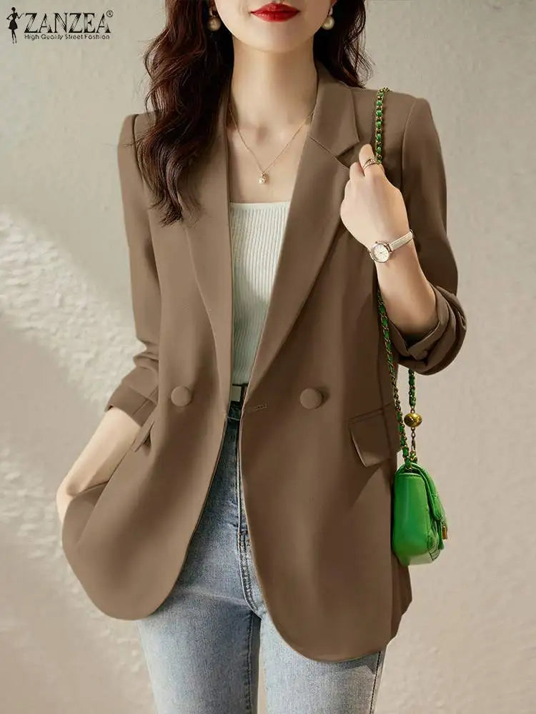 Women Spring Blazer  Long Sleeve Coats Jackets ZANZEA Female Lapel Neck Tops