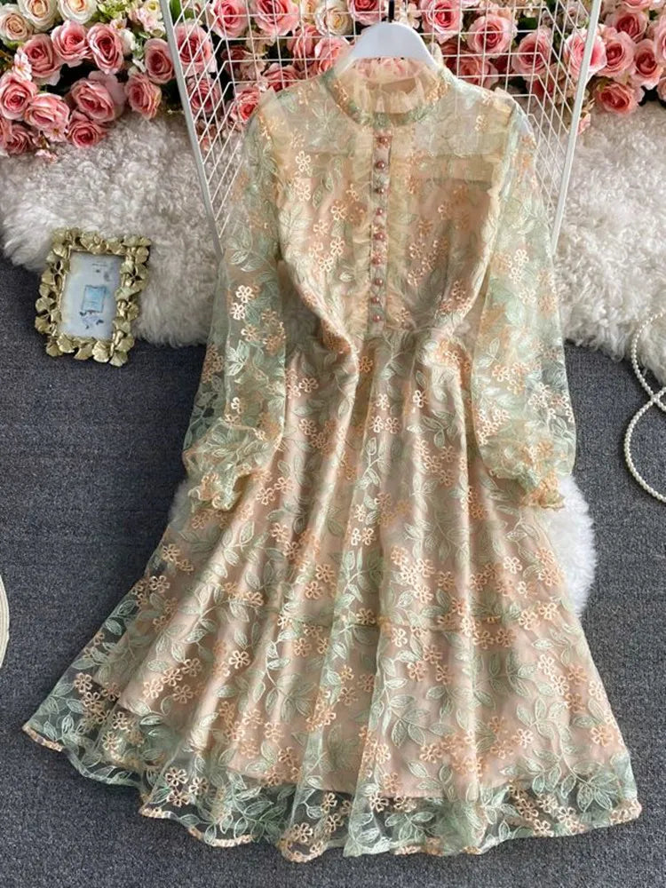 Runway Luxury Mesh Lace Embroidered Floral Dress