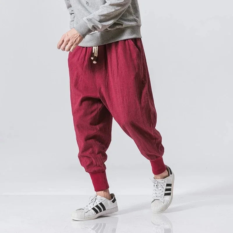 Men Harem Pants Streetwear Cotton Linen Joggers New Baggy