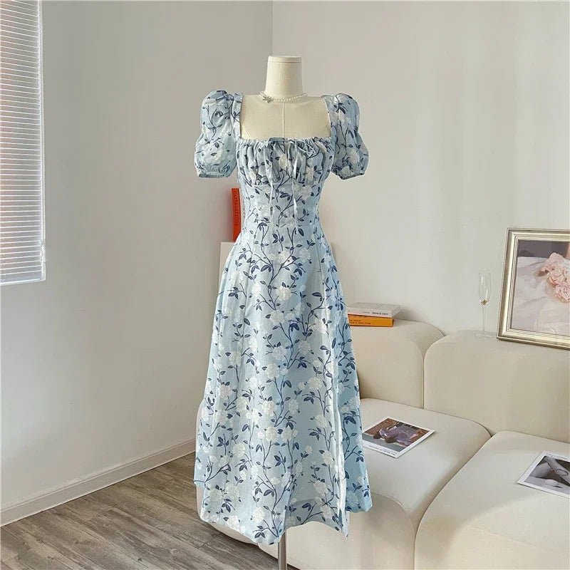 Short Sleeve Dresses A-line Chiffon Midi Floral Print