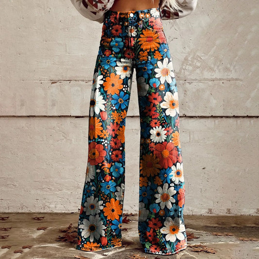 High Waisted Casual Vintage Wide Leg Imitation Jeans Women Fashion Floral Printed Denim Pants