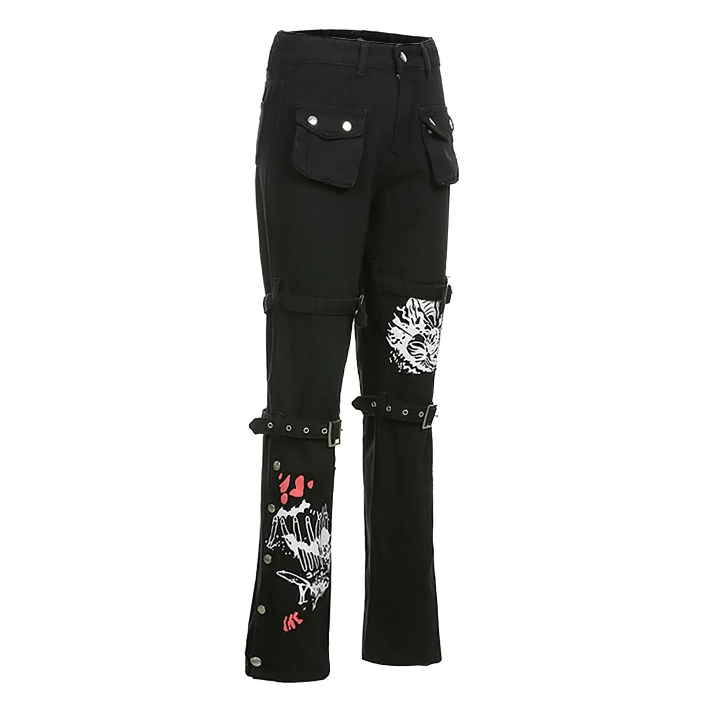 Flared Jeans Trousers Cool Washed Print Jeans Style Low-Rise Gothic