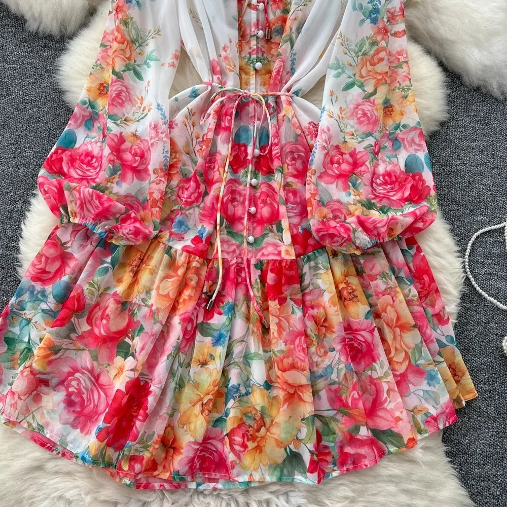 Summer Autumn Holiday Floral Long Sleeve Chiffon Short Dress Women