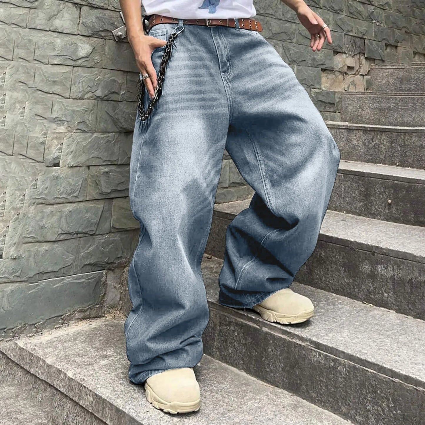 Hip Hop Baggy Jeans Loose Fit Straight Wide Leg Cargo Denim Pants