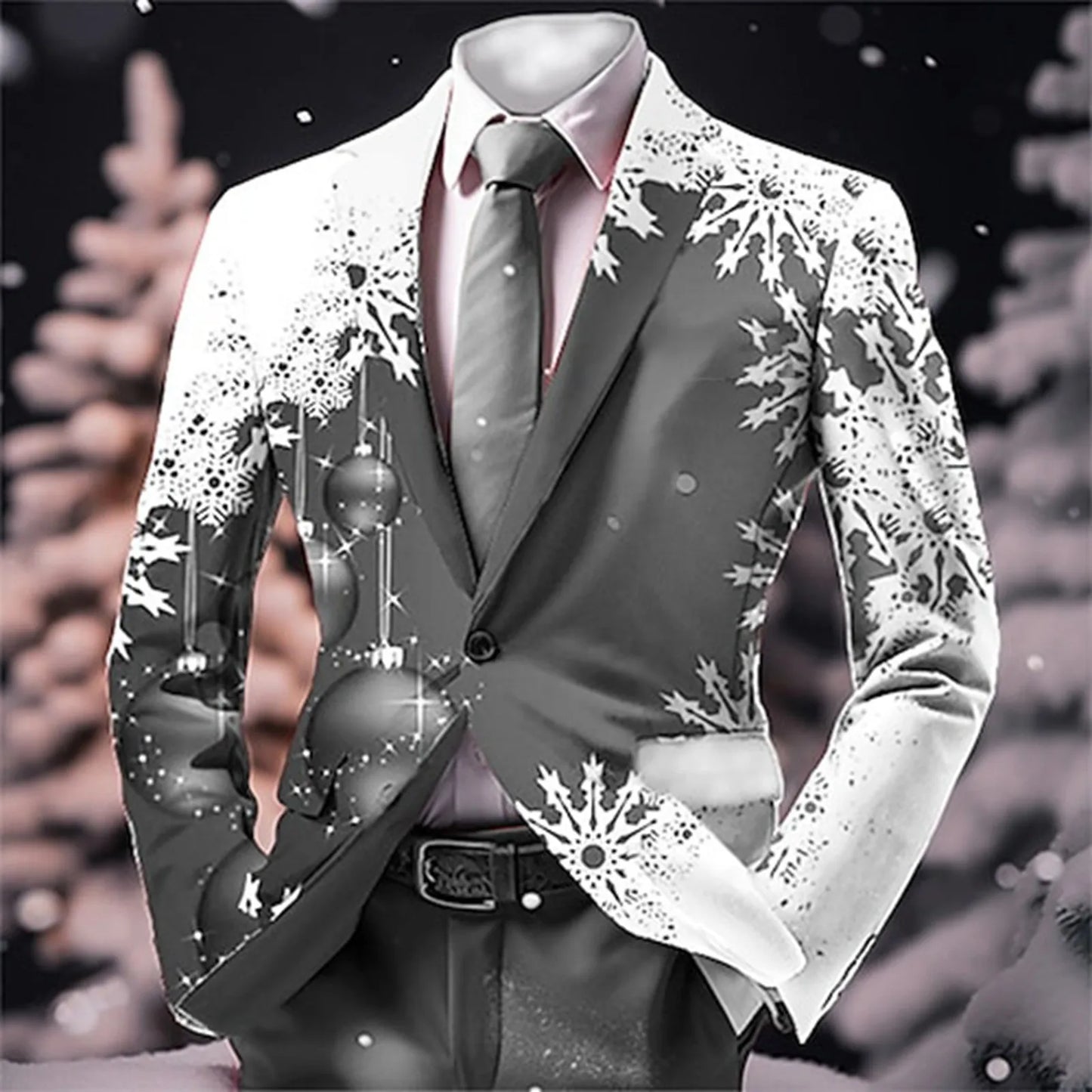 Single Button Retro Christmas Snowflakes Print Suit Coat