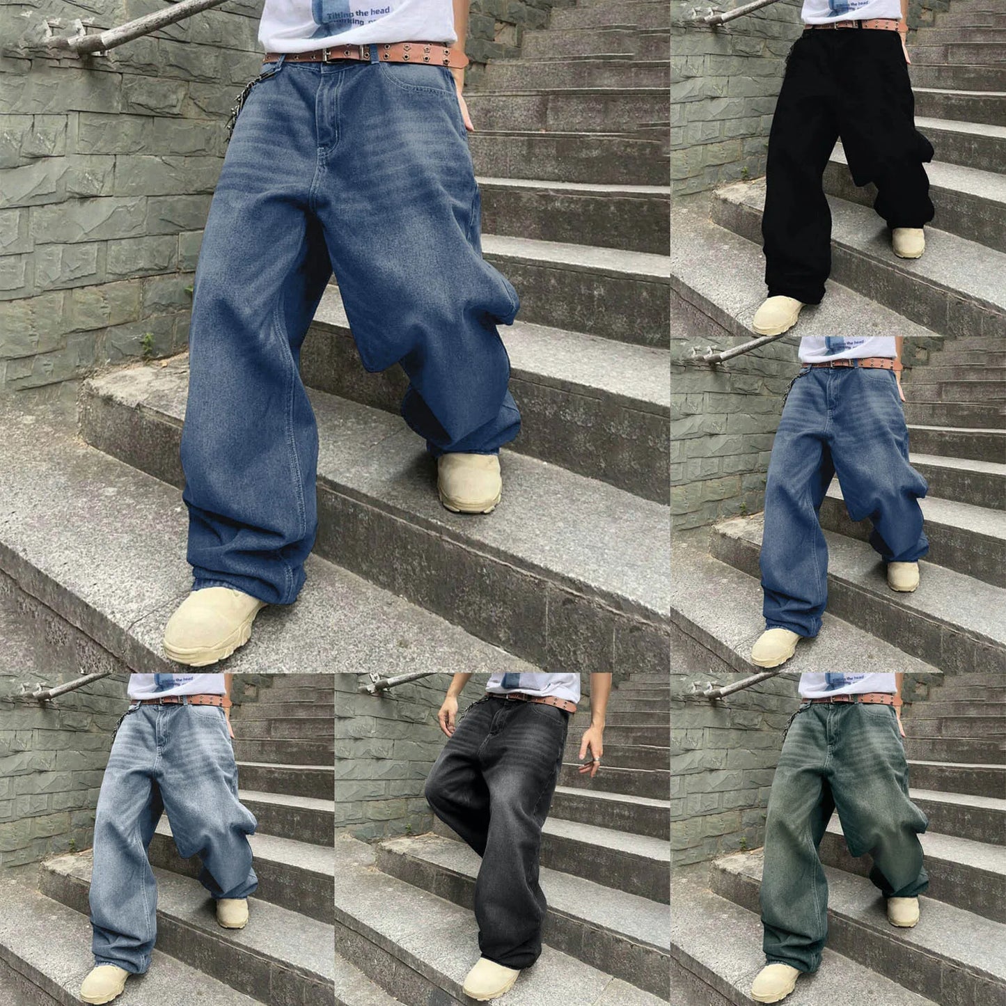 Men's Baggy Hip Hop Jeans Loose Fit Wide Leg Skater Denim Pants