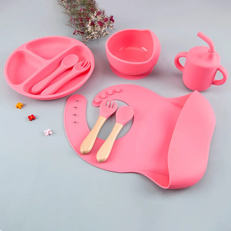 8PCS/Set BPA Free Silicone Baby Feeding Set Sucker Bowl Dishes Plate Straw Cup Spoon Forks Baby Bib