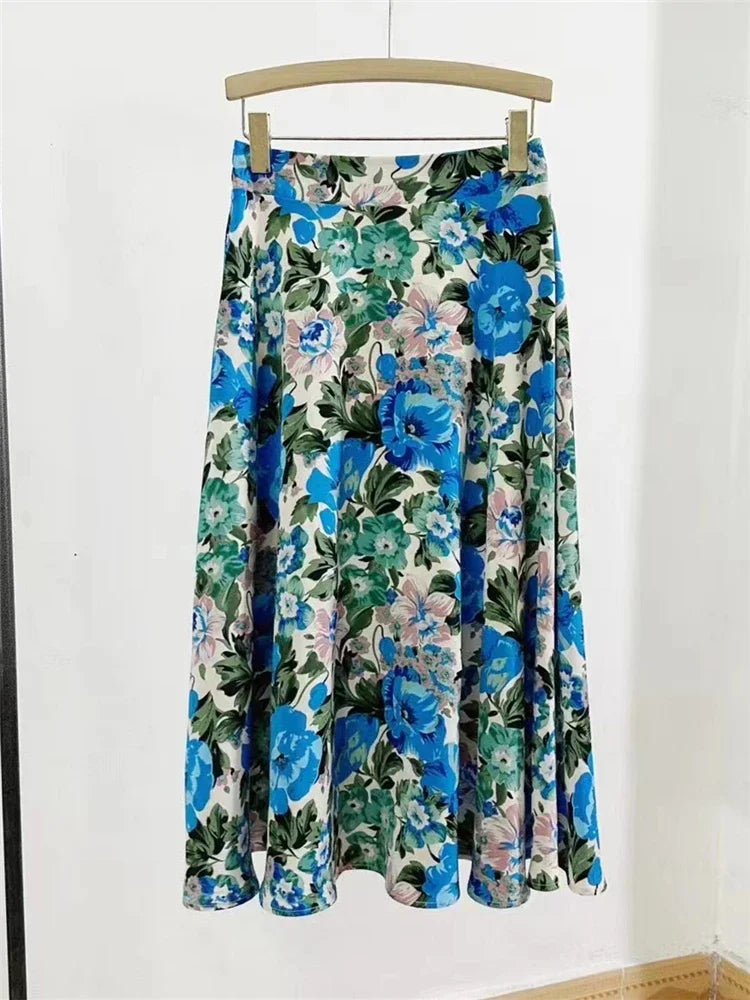 REALEFT New Stylish Floral Printed Tulle Mi-long Women Skirts