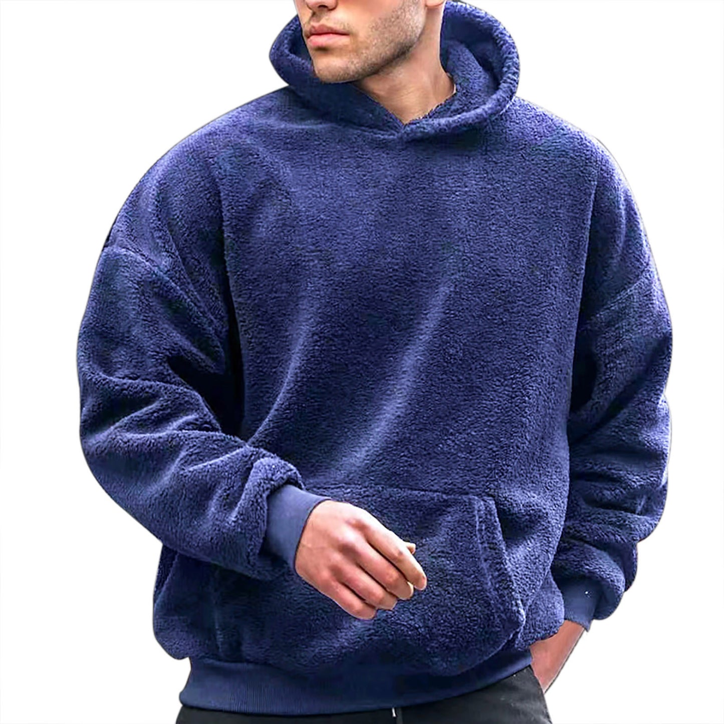 Soft Hoodie Plush Pullovers Men Winter Solid Long Sleeve Pockets