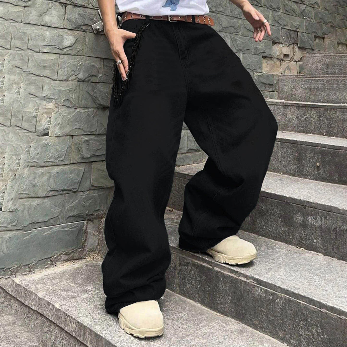 Men's Baggy Hip Hop Jeans Loose Fit Wide Leg Skater Denim Pants