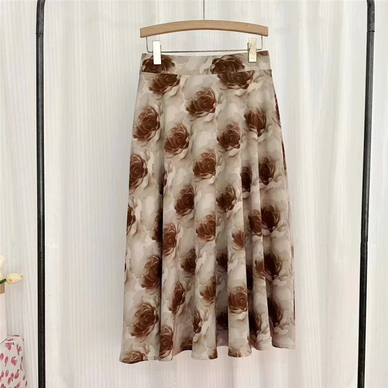 REALEFT New Stylish Floral Printed Tulle Mi-long Women Skirts