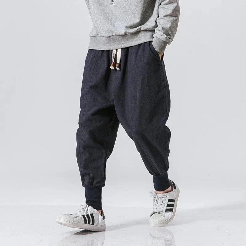 Men Harem Pants Streetwear Cotton Linen Joggers New Baggy