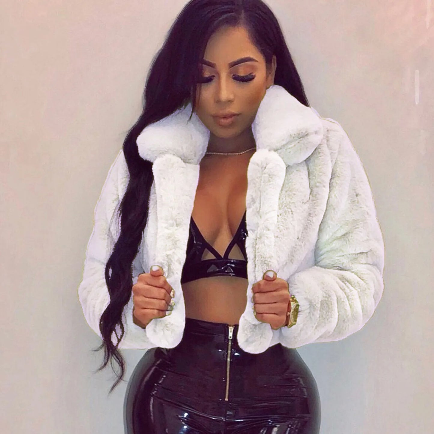 Fashion Faux Fur Open Stitch Lapel Crop Jackets Women