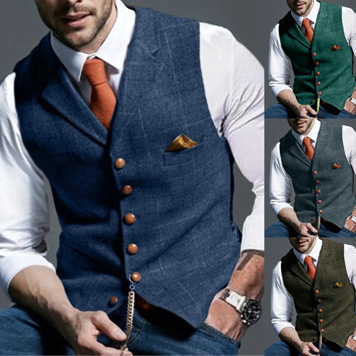 Men's Suit Vest V Neck Herringbone Tweed Slim Fit Waistcoat