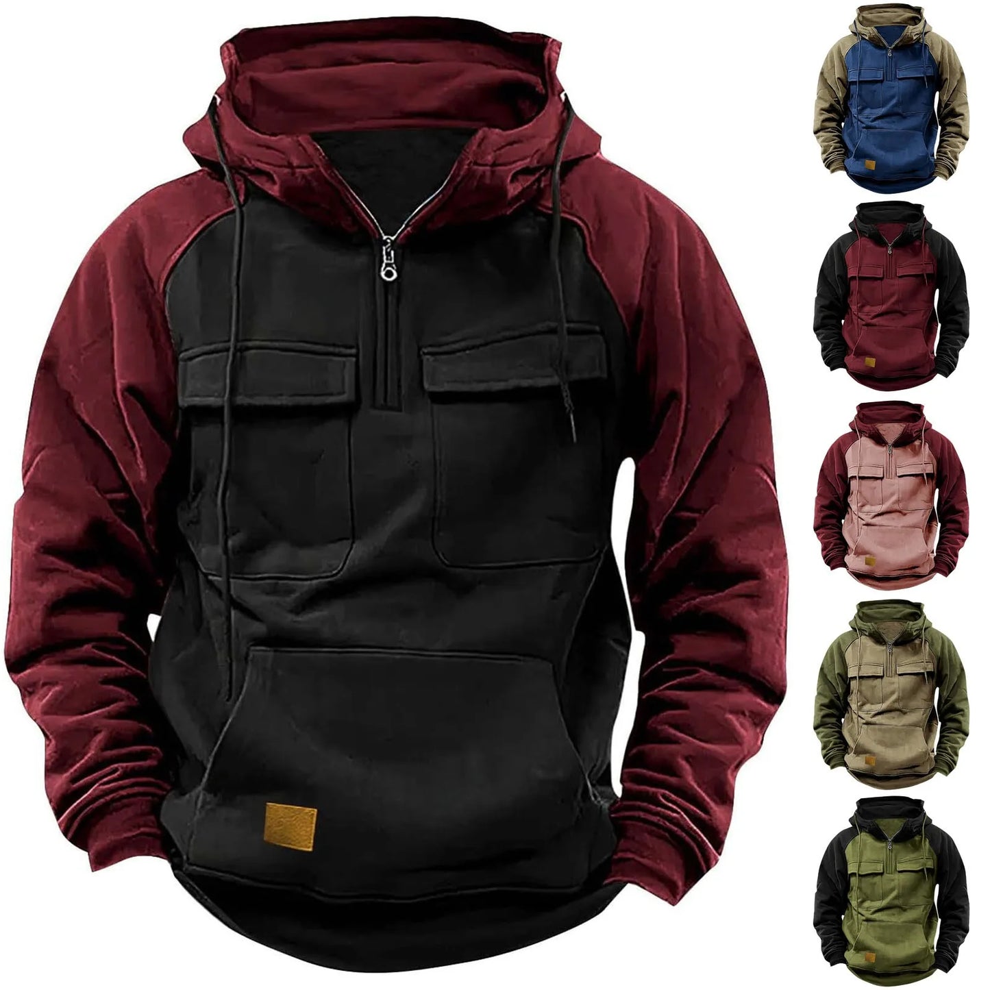 Mens Hoodie Long Sleeve Casual Pullover Tops Color Block Hooded Sweatshirts