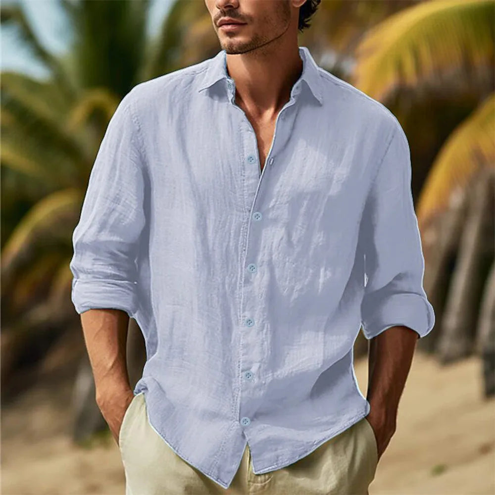 Men's Cotton Linen Shirts Turn Down Collar Solid Hawaiian Shirt