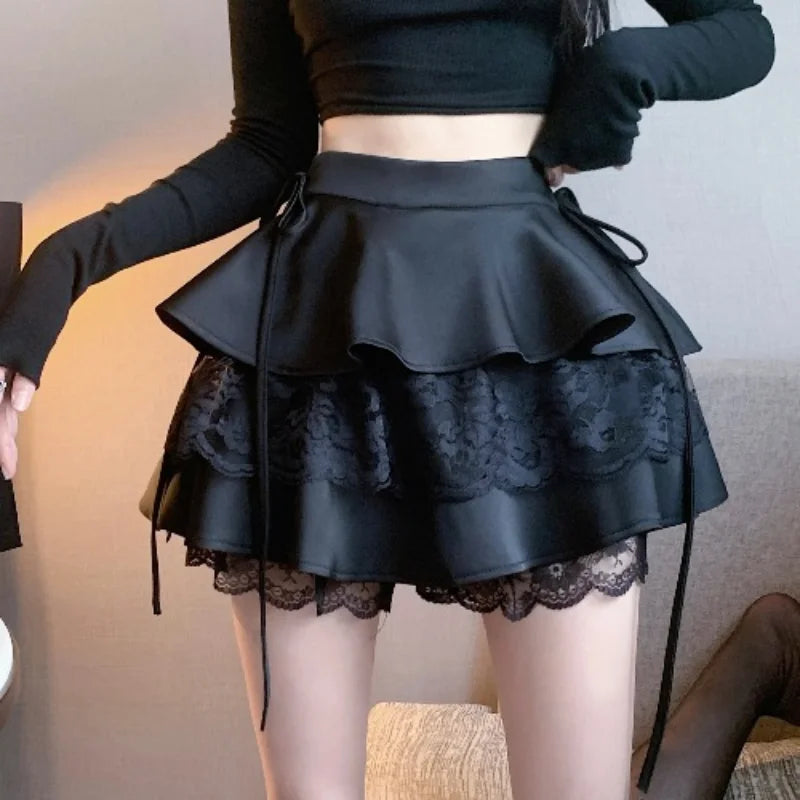 Gothic Sexy Ruffle Tiered Skirts Women Cute Lolita Style Lace Cake Mini Skirt