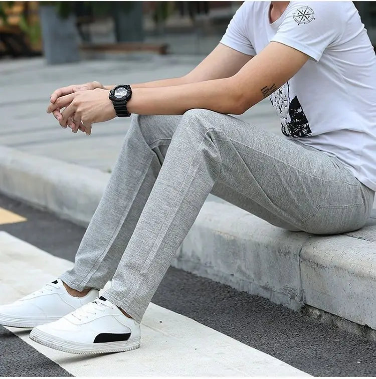 Men Thin Linen Straight Pants Streetwear Fashion Business Casual Pockets Slim