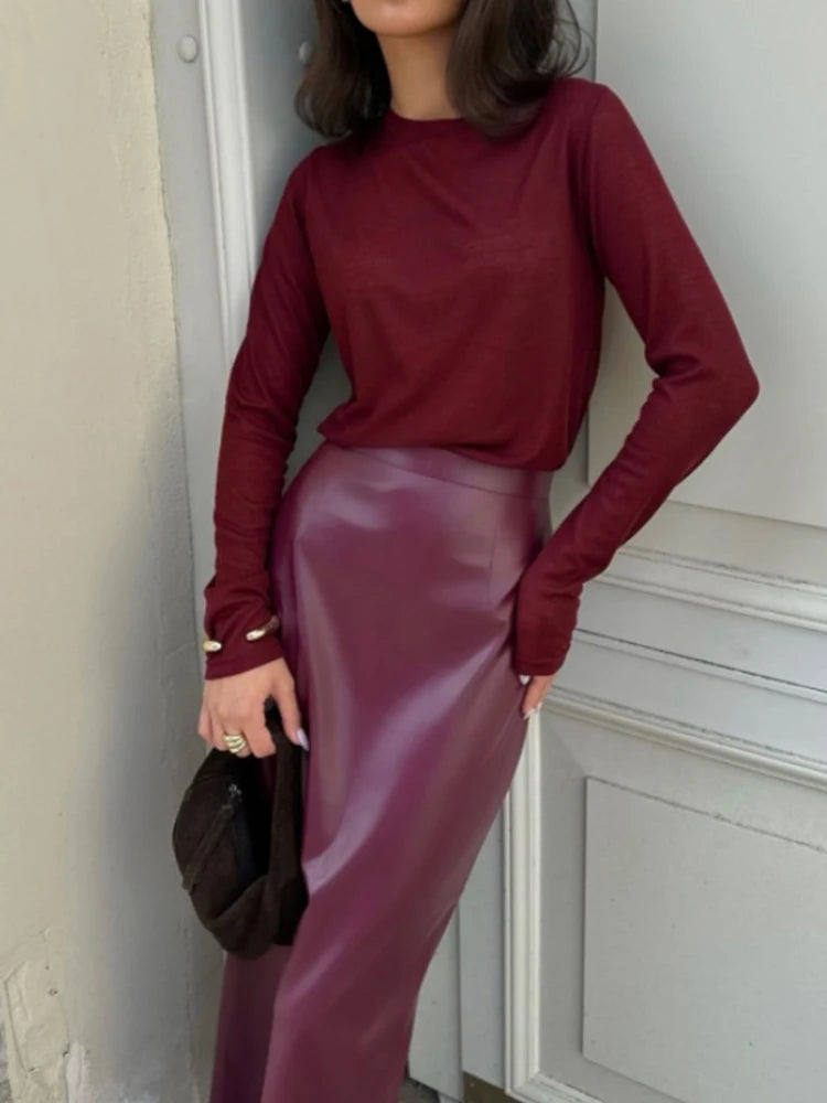 Trendix Women Elegant Burgundy Skirt High Waist Slim Fashion Slit Long Skirts