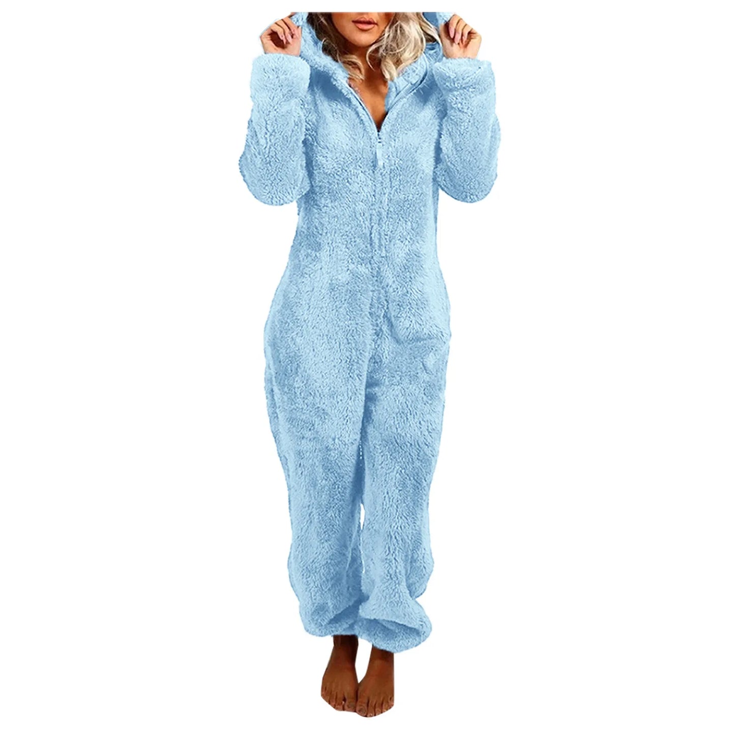 Cute Cat Ears Women Onesie Pajamas Warm Thick Plush