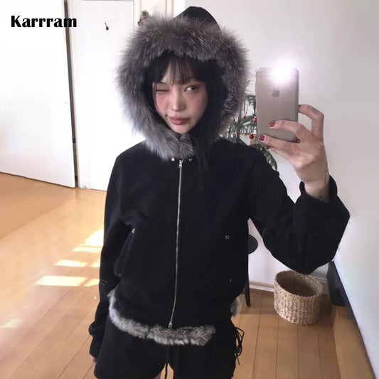 Korean Style Black Hooded Jacket Grunge Aesthetics Fur Collar Zipper Coat