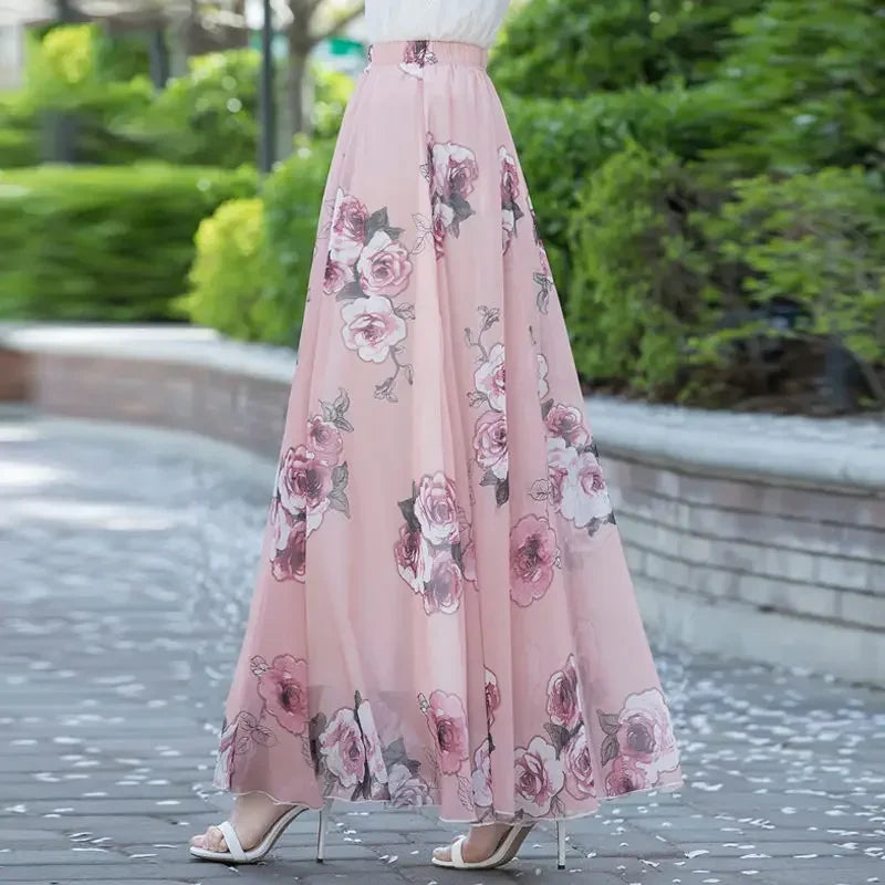 Summer Chiffon Floral Maxi Skirt Women Long High Waist