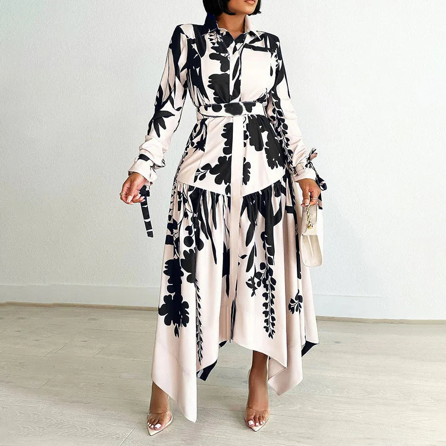 Autumn Fashion Print Irregular A-line Dress Women Elegant OL Lapel Button Long Sleeve