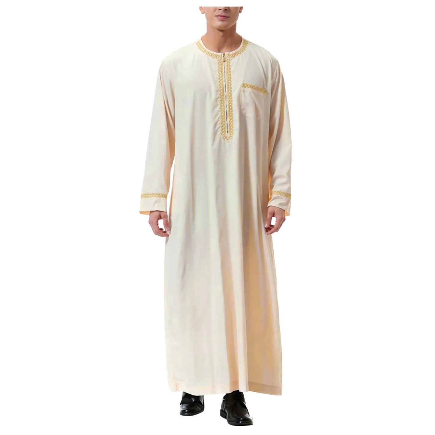 Long Sleeve Embroidered Pocket Long Abaya Shirt Prayer Muslim Men Clothing