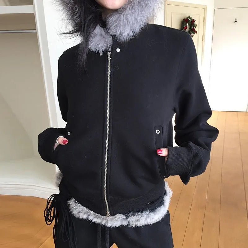 Korean Style Black Hooded Jacket Grunge Aesthetics Fur Collar Zipper Coat