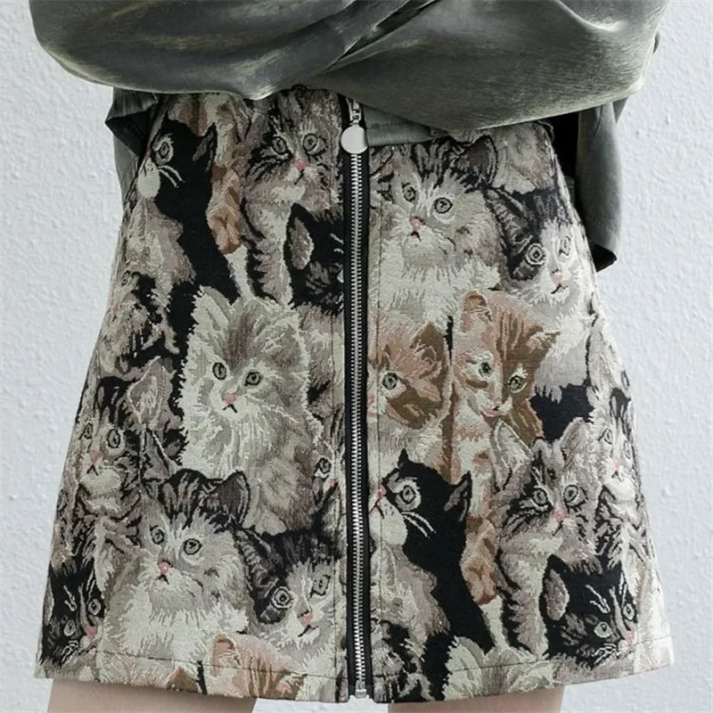 Vintage Autumn Winter Women Skirt Sweet Cat Print