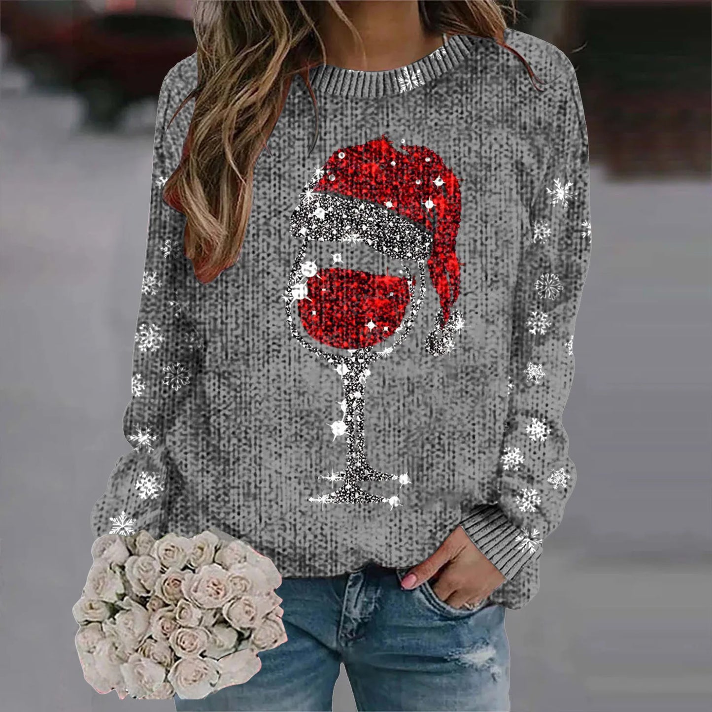 Christmas Print Red Wine Cup Sweaters Women'S Fashion