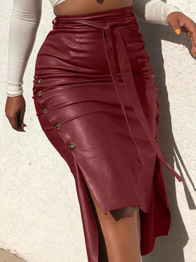 Women Trendy PU Leather Midi Skirt Solid Color