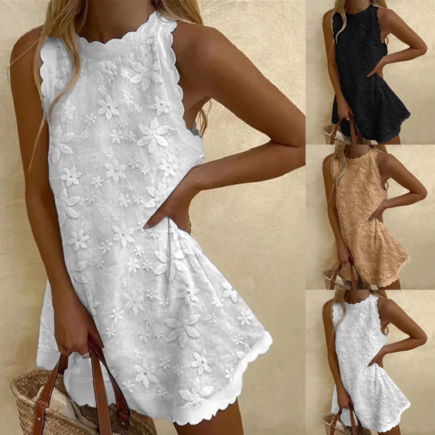 Elegant Floral Embroidery Mini Dress Women's Sleeveless Cotton Linen Tank Dress